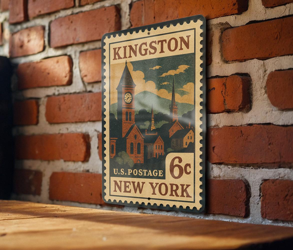 Kingston New York Metal Sign – Retro Postage Stamp Design Featuring Historic City Elements and Scenic Landmarks — photo 2