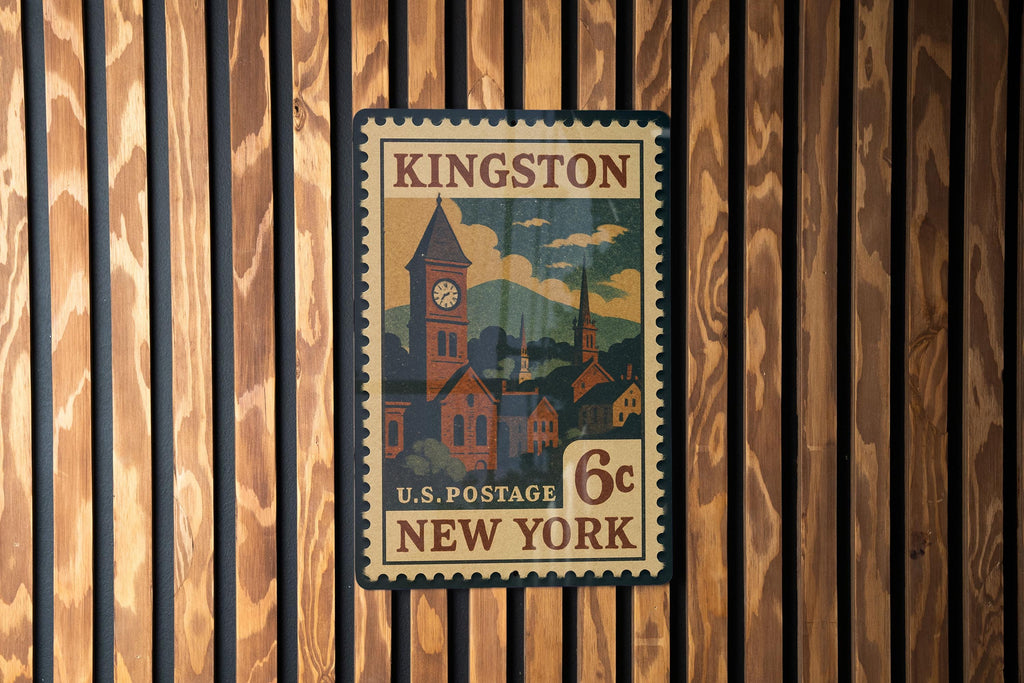 Kingston New York Metal Sign – Retro Postage Stamp Design Featuring Historic City Elements and Scenic Landmarks — photo 3