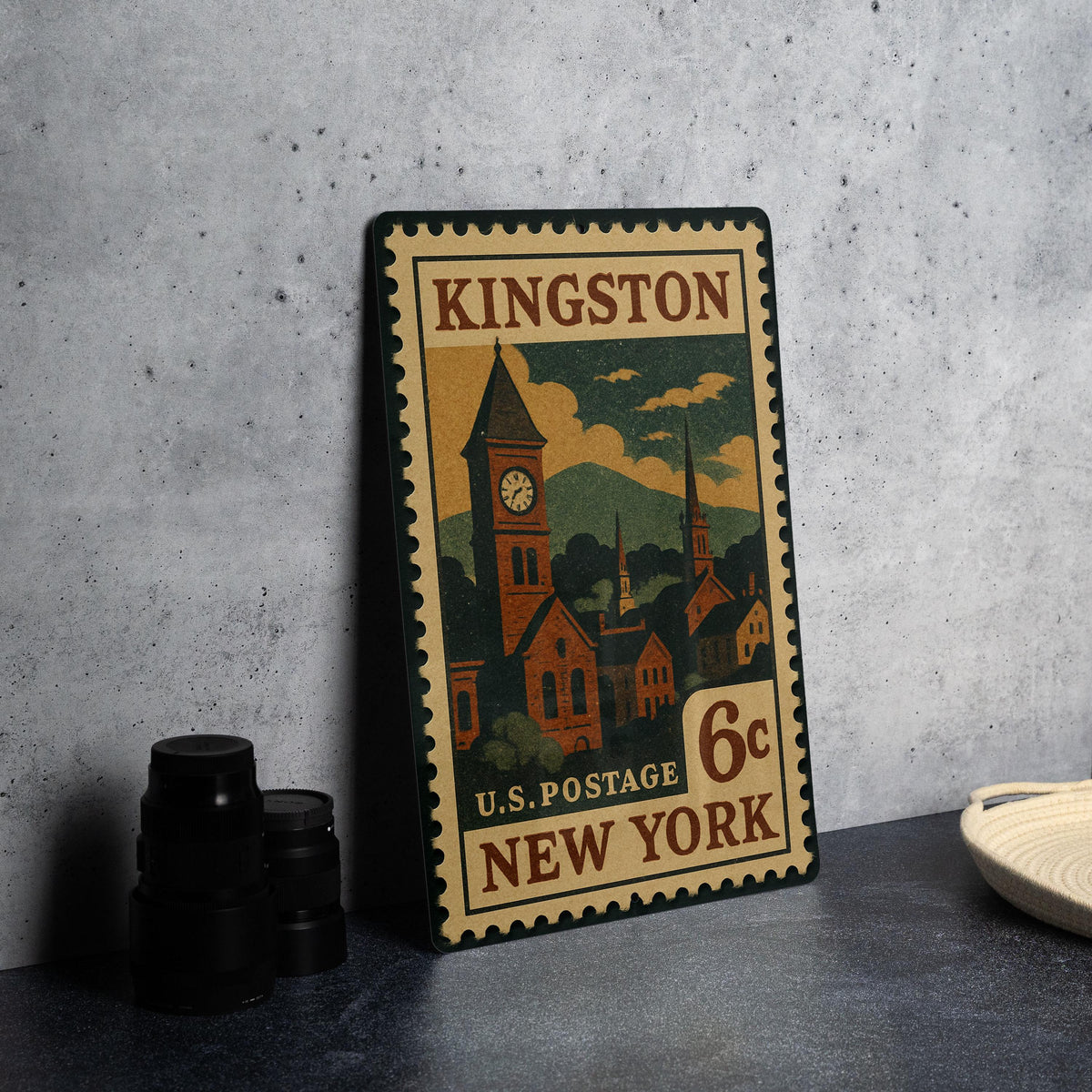 Kingston New York Metal Sign – Retro Postage Stamp Design Featuring Historic City Elements and Scenic Landmarks — photo 4