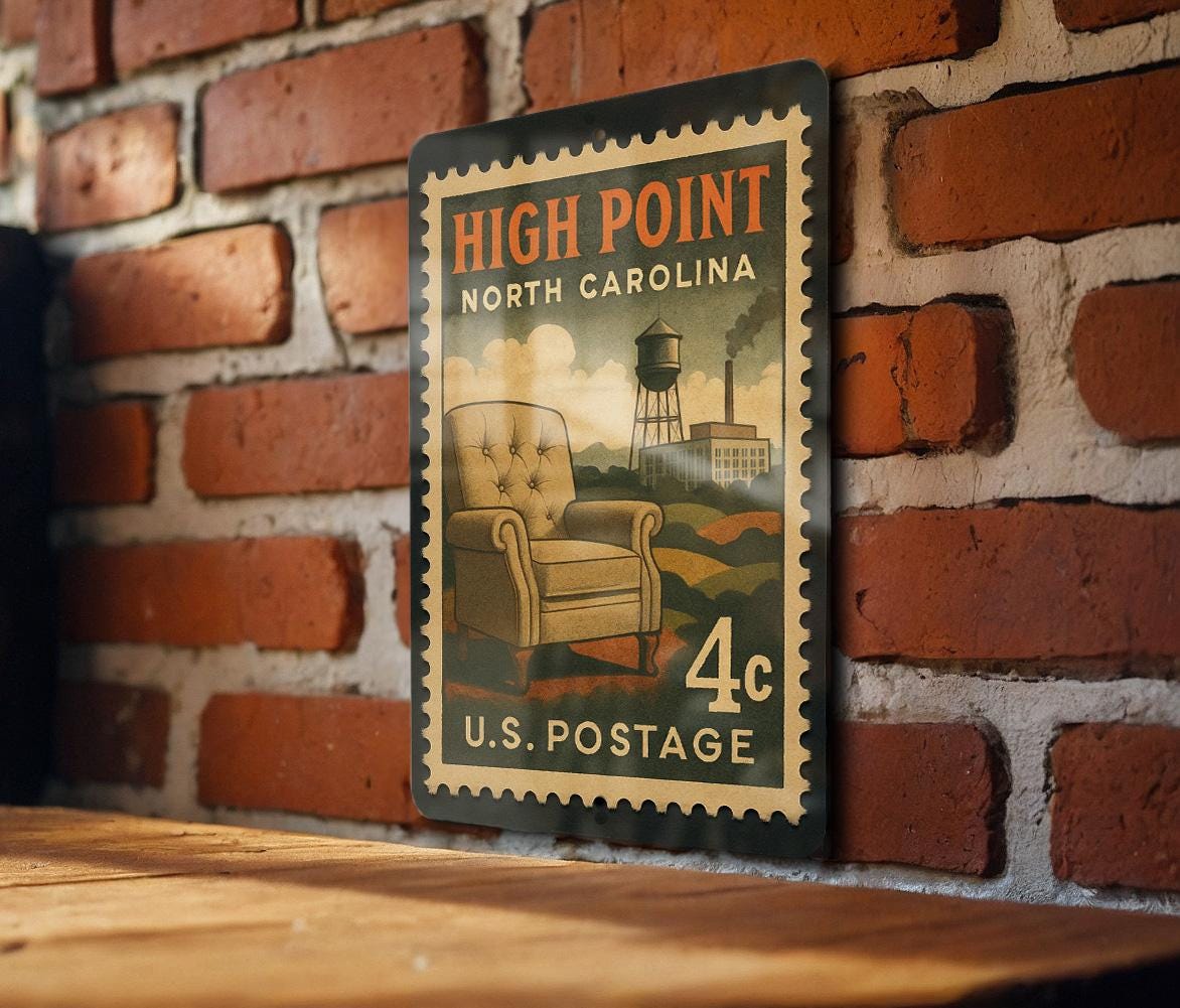 High Point North Carolina Metal Sign – Retro Postage Stamp Design Featuring City Name and Landmark Theme Decor — photo 1
