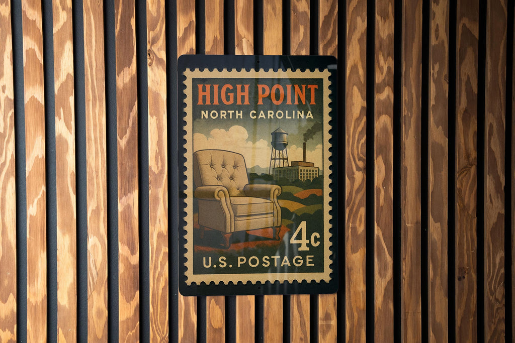 High Point North Carolina Metal Sign – Retro Postage Stamp Design Featuring City Name and Landmark Theme Decor — photo 2