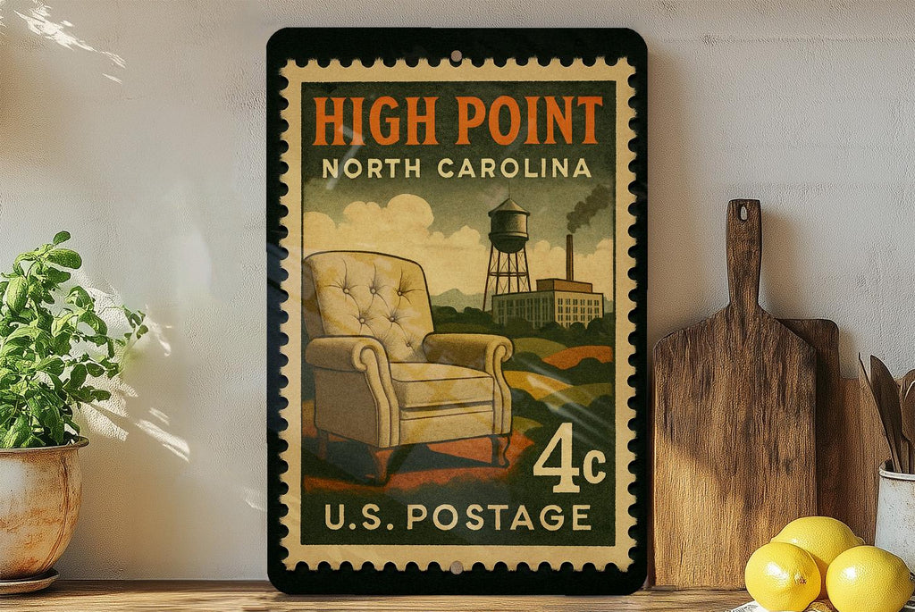 High Point North Carolina Metal Sign – Retro Postage Stamp Design Featuring City Name and Landmark Theme Decor — photo 3