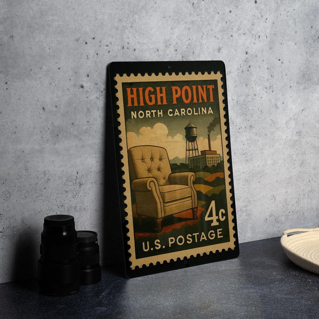 High Point North Carolina Metal Sign – Retro Postage Stamp Design Featuring City Name and Landmark Theme Decor — photo 4