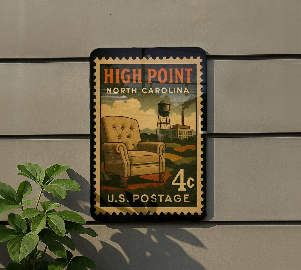 High Point North Carolina Metal Sign – Retro Postage Stamp Design Featuring City Name and Landmark Theme Decor — photo 5