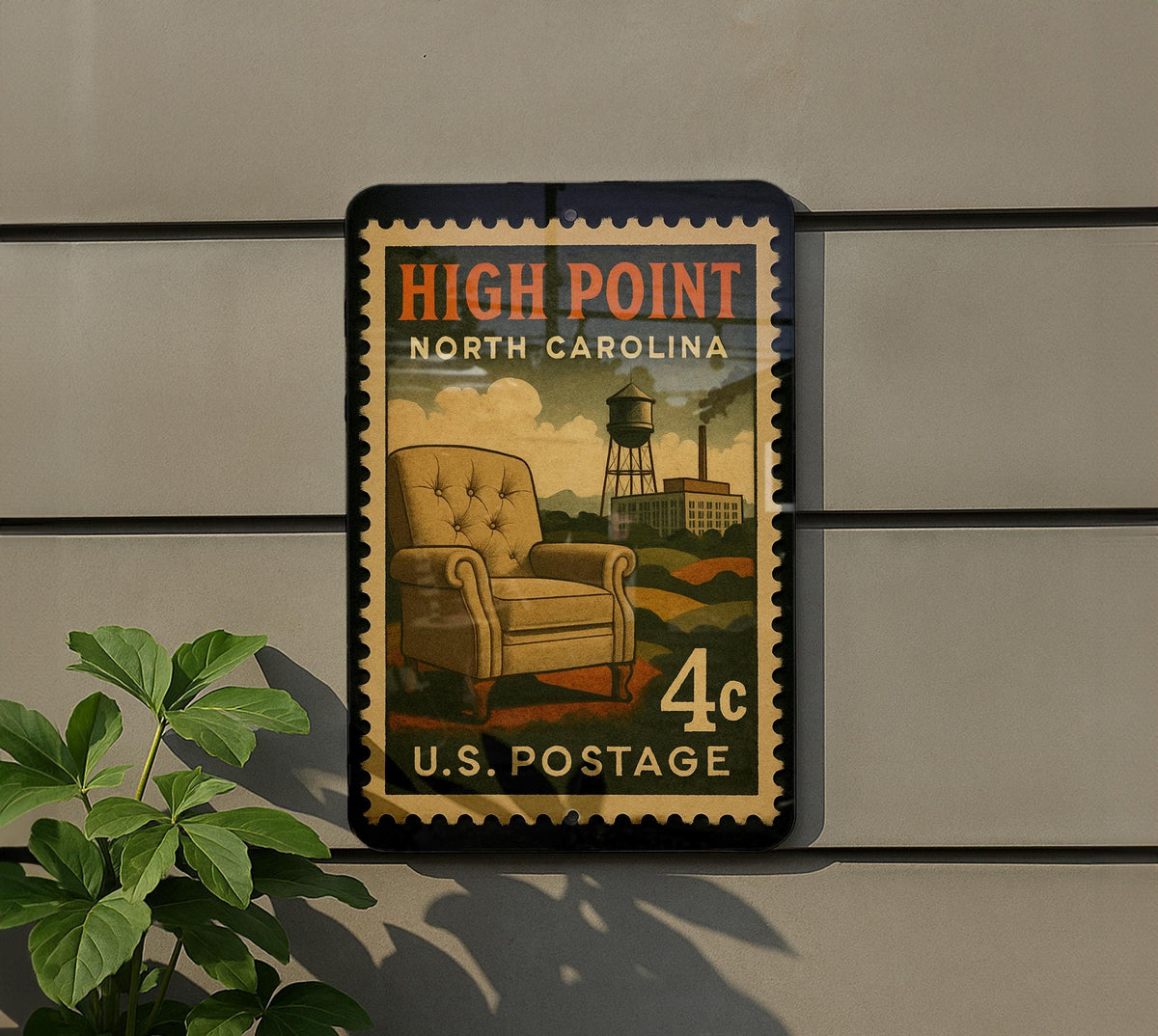 High Point North Carolina Metal Sign – Retro Postage Stamp Design Featuring City Name and Landmark Theme Decor — photo 5