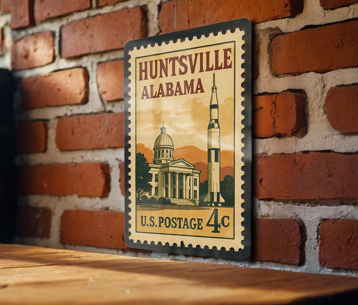 Huntsville Alabama Metal Sign Featuring Retro Postage Stamp Design with Rocket, Stars, and City Skyline Scene — photo 1