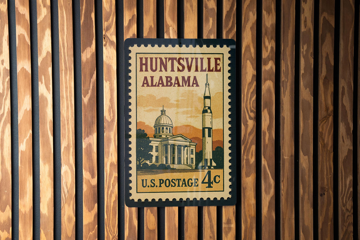 Huntsville Alabama Metal Sign Featuring Retro Postage Stamp Design with Rocket, Stars, and City Skyline Scene — photo 2