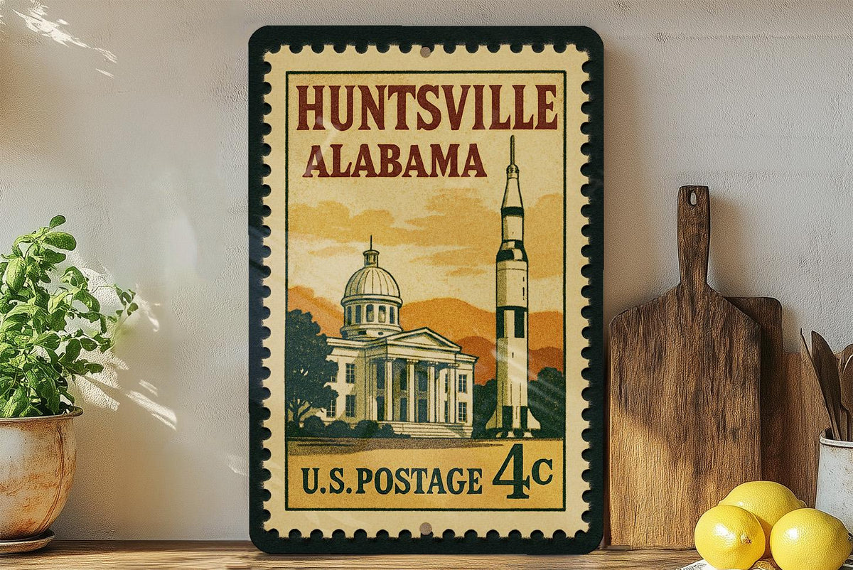 Huntsville Alabama Metal Sign Featuring Retro Postage Stamp Design with Rocket, Stars, and City Skyline Scene — photo 3