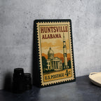 Huntsville Alabama Metal Sign Featuring Retro Postage Stamp Design with Rocket, Stars, and City Skyline Scene — photo 4