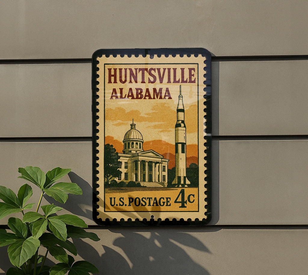 Huntsville Alabama Metal Sign Featuring Retro Postage Stamp Design with Rocket, Stars, and City Skyline Scene — photo 5