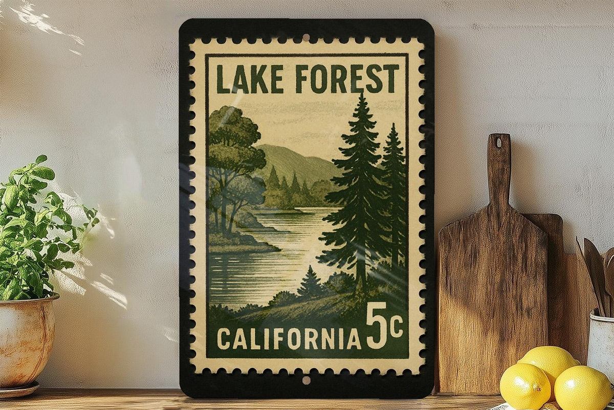 Lake Forest California Metal Sign Featuring Retro Postage Stamp Design with Scenic Nature and City Elements — photo 1