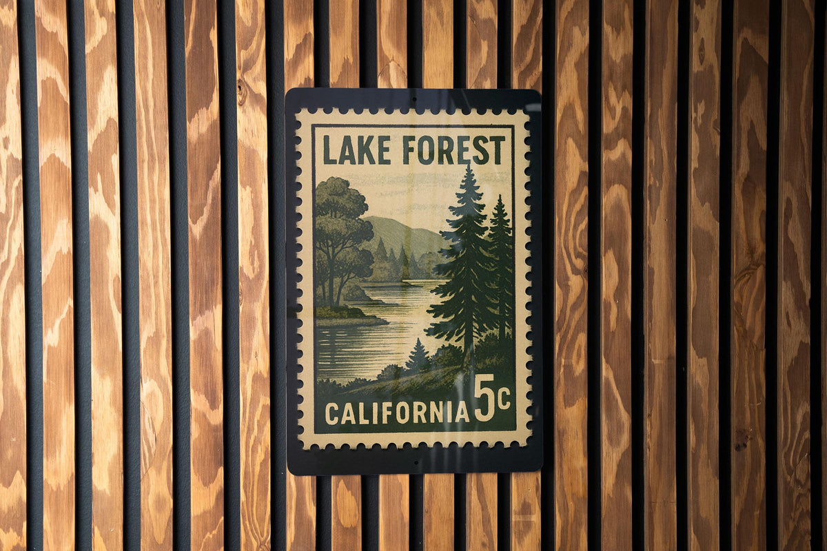 Lake Forest California Metal Sign Featuring Retro Postage Stamp Design with Scenic Nature and City Elements — photo 3