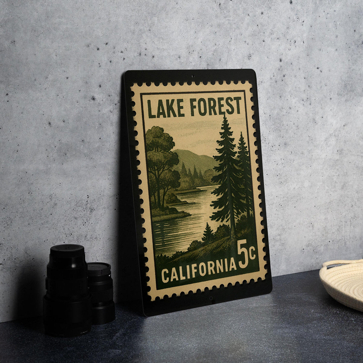 Lake Forest California Metal Sign Featuring Retro Postage Stamp Design with Scenic Nature and City Elements — photo 4