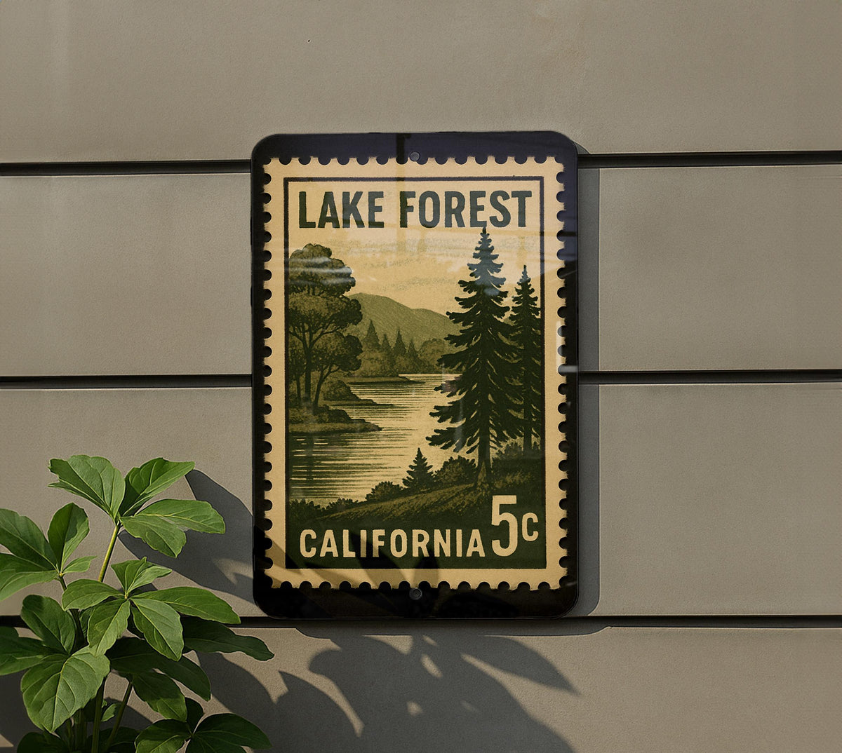 Lake Forest California Metal Sign Featuring Retro Postage Stamp Design with Scenic Nature and City Elements — photo 5
