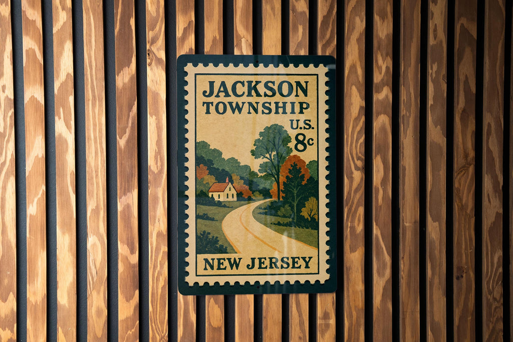 Jackson Township New Jersey Metal Sign – Vintage Postage Stamp Design Featuring Local Landmark and Town Name — photo 1