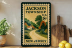 Jackson Township New Jersey Metal Sign – Vintage Postage Stamp Design Featuring Local Landmark and Town Name — photo 2