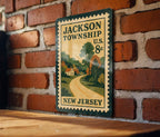 Jackson Township New Jersey Metal Sign – Vintage Postage Stamp Design Featuring Local Landmark and Town Name — photo 3