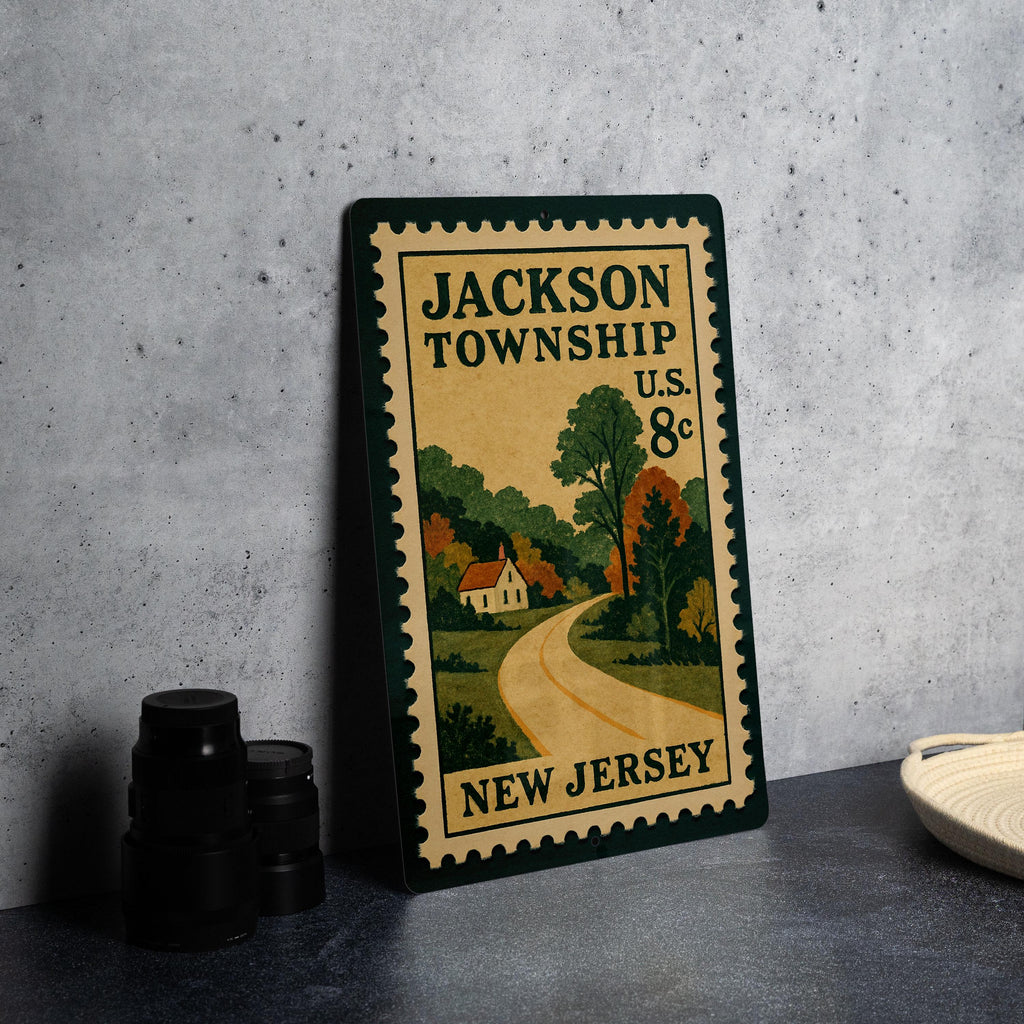 Jackson Township New Jersey Metal Sign – Vintage Postage Stamp Design Featuring Local Landmark and Town Name — photo 4
