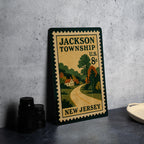 Jackson Township New Jersey Metal Sign – Vintage Postage Stamp Design Featuring Local Landmark and Town Name — photo 4