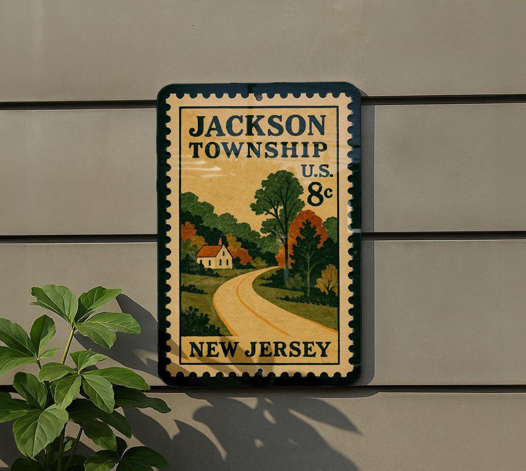 Jackson Township New Jersey Metal Sign – Vintage Postage Stamp Design Featuring Local Landmark and Town Name — photo 5