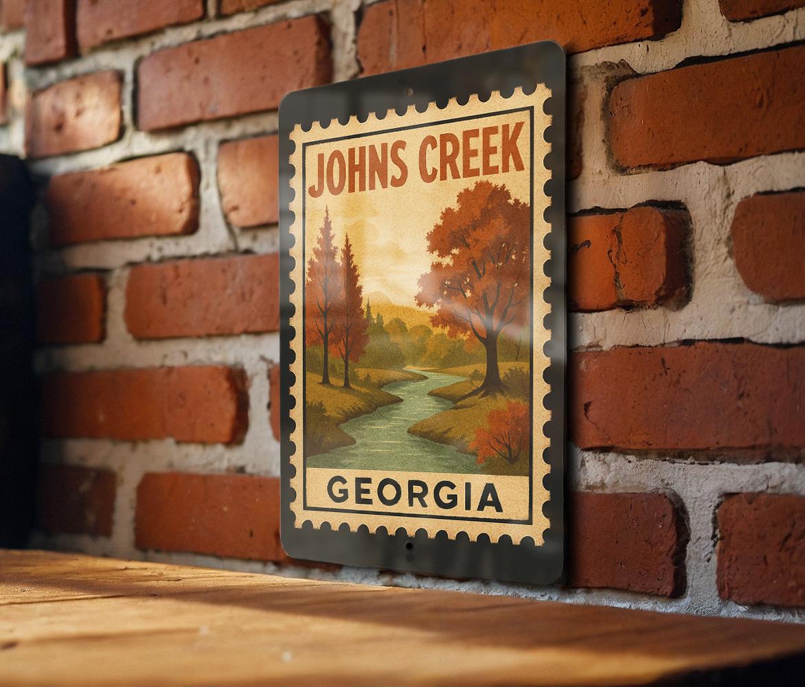 Johns Creek Georgia Metal Sign – Retro Postage Stamp Design Featuring City Name and Scenic Landmark — photo 1