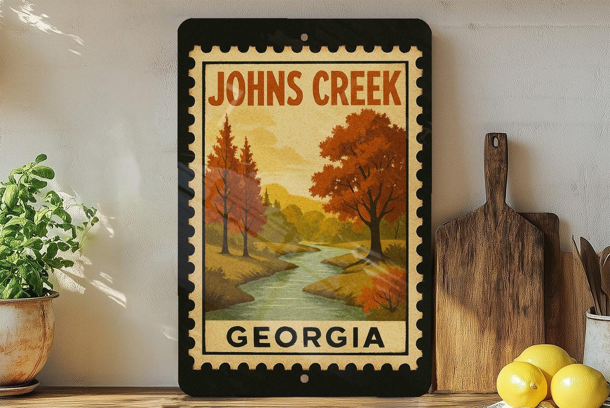 Johns Creek Georgia Metal Sign – Retro Postage Stamp Design Featuring City Name and Scenic Landmark — photo 2