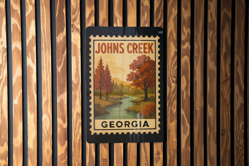 Johns Creek Georgia Metal Sign – Retro Postage Stamp Design Featuring City Name and Scenic Landmark — photo 3
