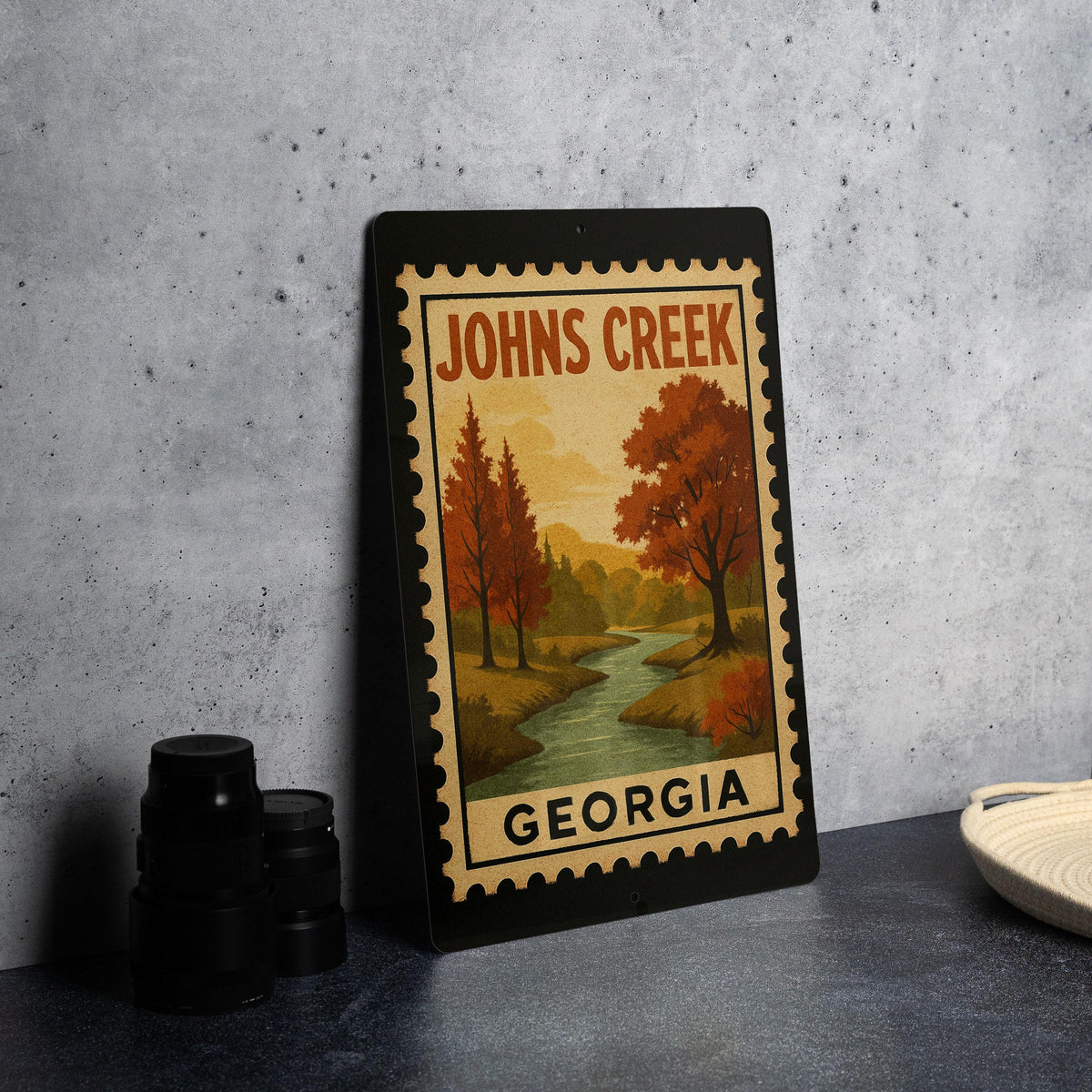 Johns Creek Georgia Metal Sign – Retro Postage Stamp Design Featuring City Name and Scenic Landmark — photo 4