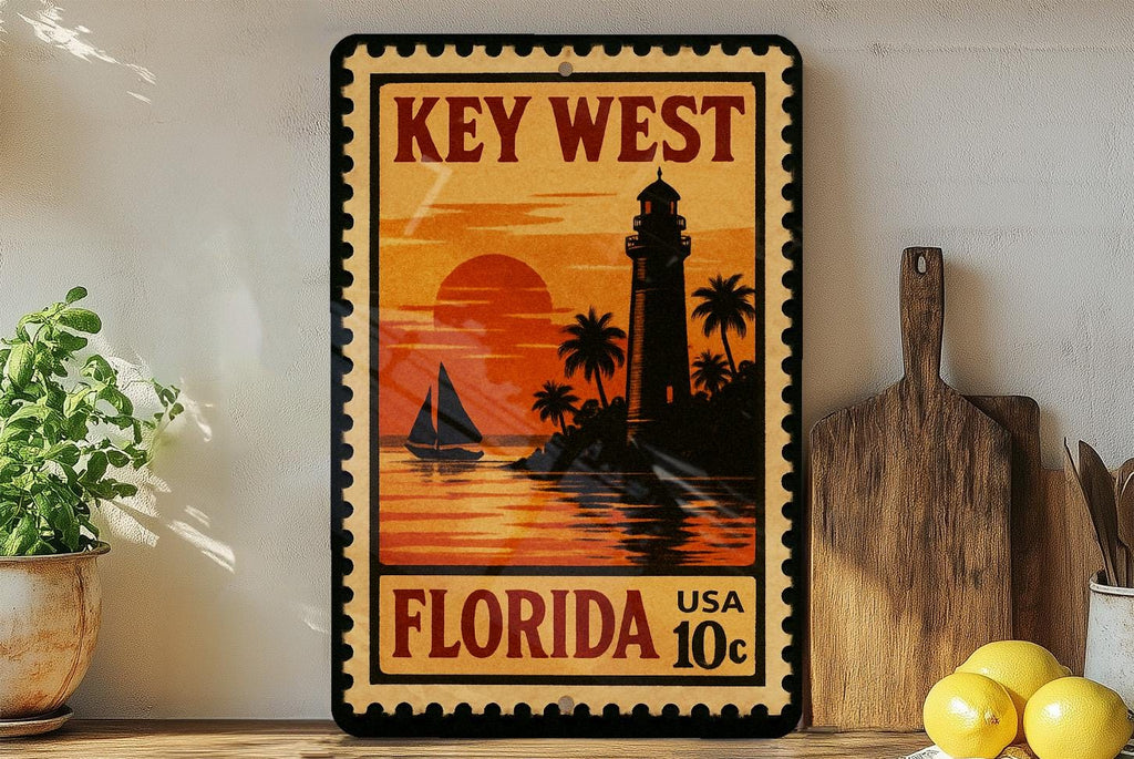 Key West Florida Metal Sign – Vintage Postage Stamp Design Featuring Iconic Coastal Landmarks and Tropical Scenery — photo 1