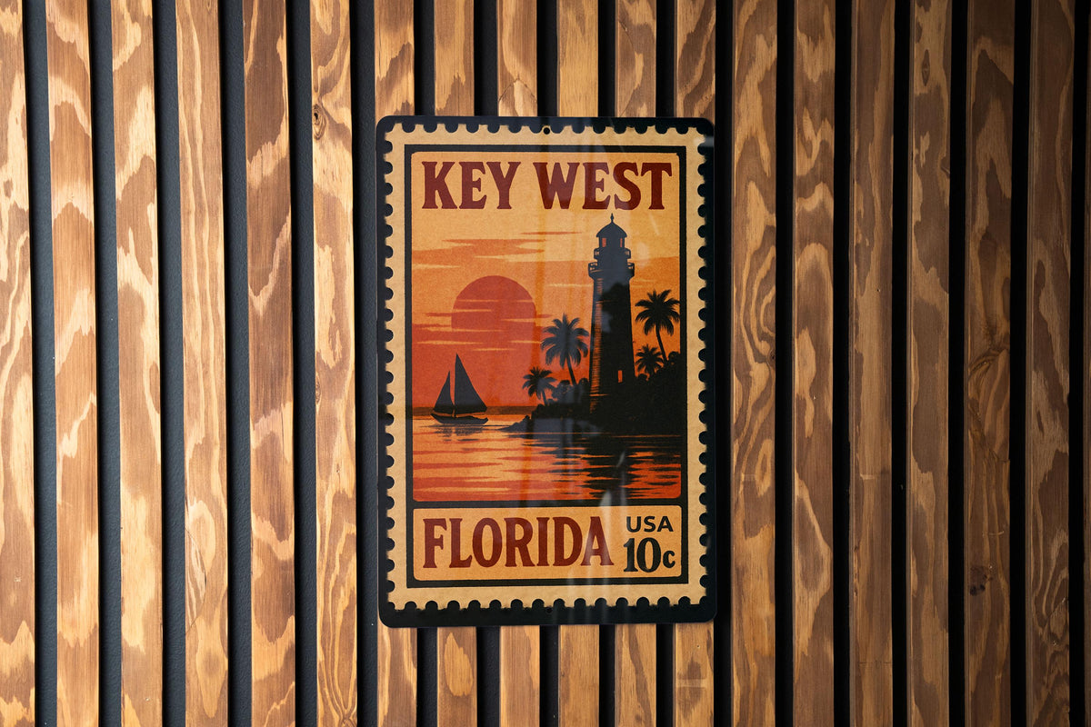 Key West Florida Metal Sign – Vintage Postage Stamp Design Featuring Iconic Coastal Landmarks and Tropical Scenery — photo 2