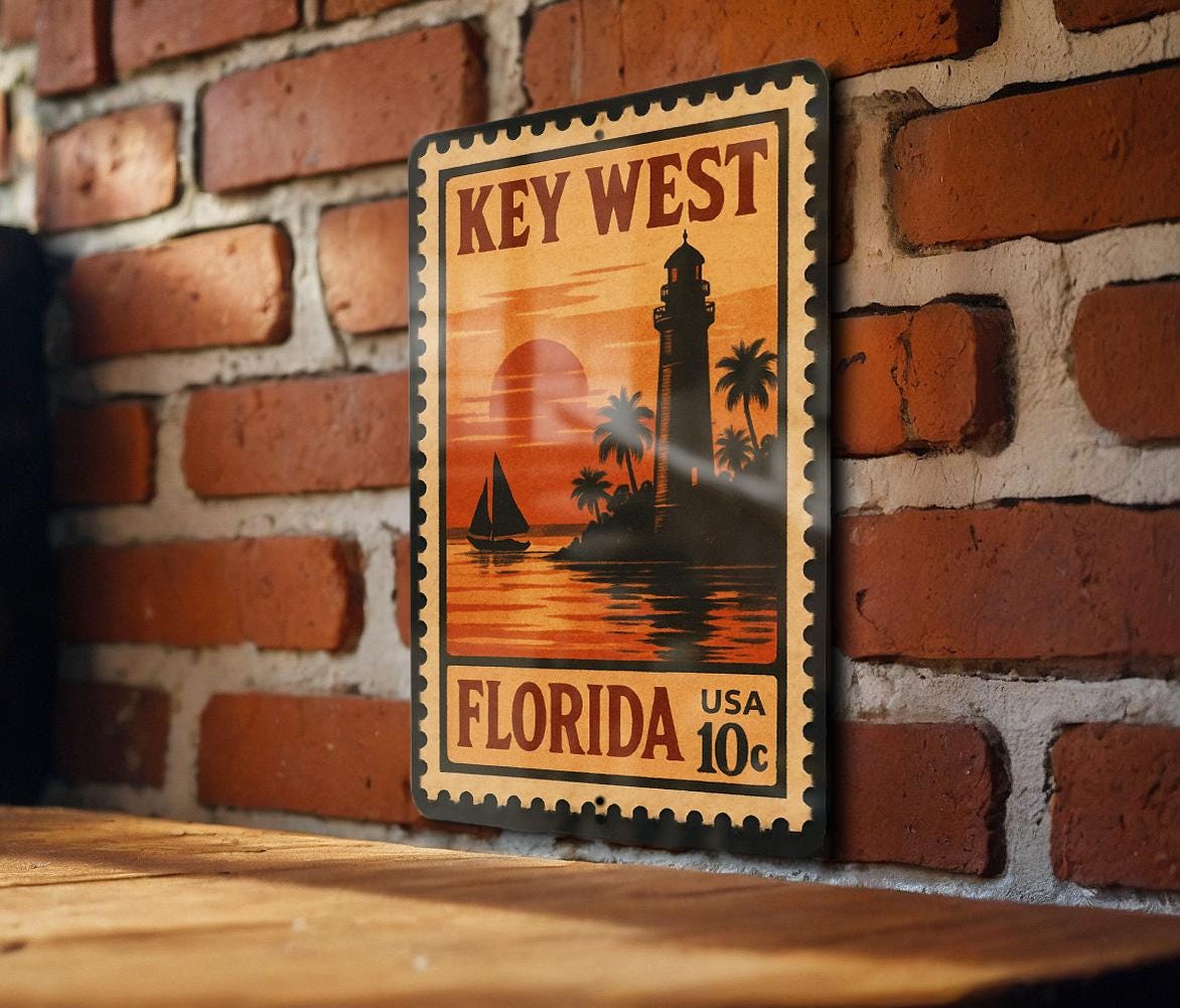 Key West Florida Metal Sign – Vintage Postage Stamp Design Featuring Iconic Coastal Landmarks and Tropical Scenery — photo 3