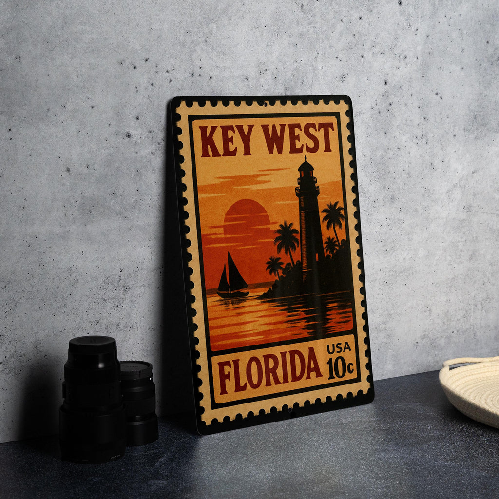 Key West Florida Metal Sign – Vintage Postage Stamp Design Featuring Iconic Coastal Landmarks and Tropical Scenery — photo 4