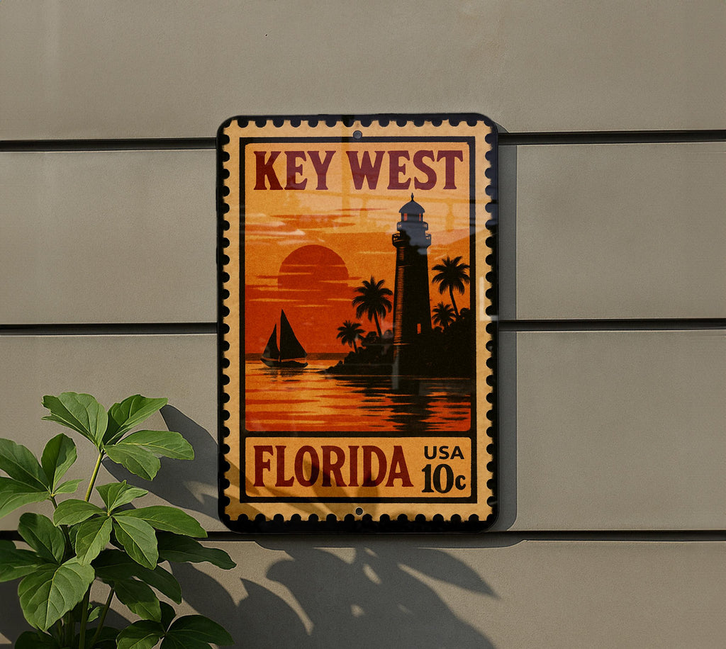 Key West Florida Metal Sign – Vintage Postage Stamp Design Featuring Iconic Coastal Landmarks and Tropical Scenery — photo 5
