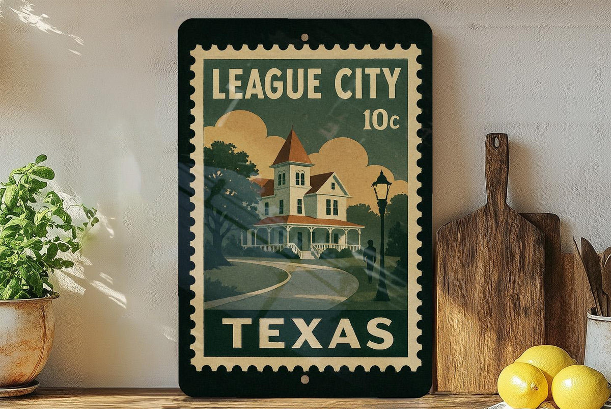 League City Texas Metal Sign – Vintage Postage Stamp Design Featuring Cityscape and Iconic Local Landmarks — photo 3