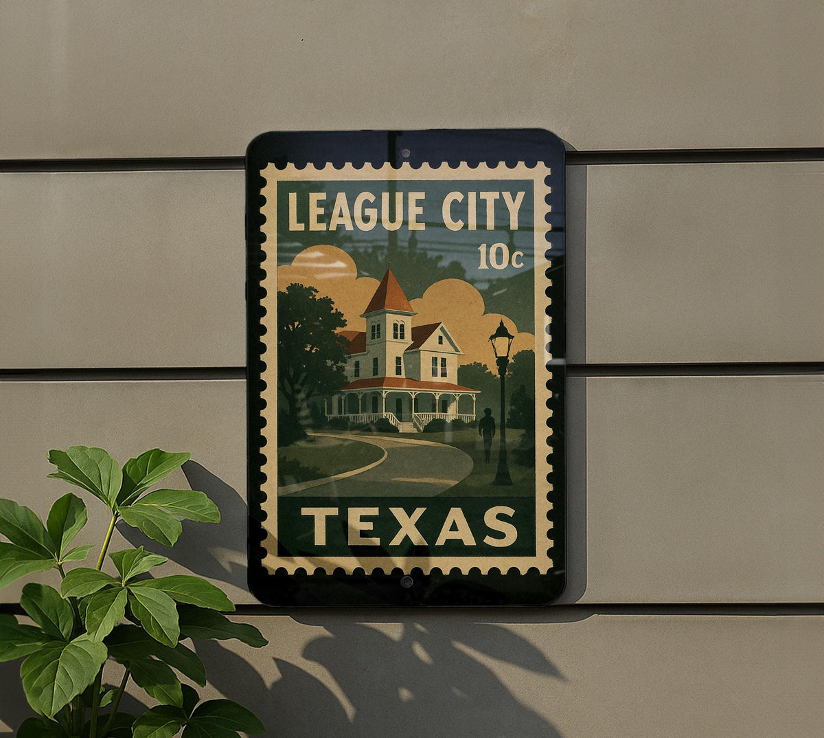 League City Texas Metal Sign – Vintage Postage Stamp Design Featuring Cityscape and Iconic Local Landmarks — photo 5