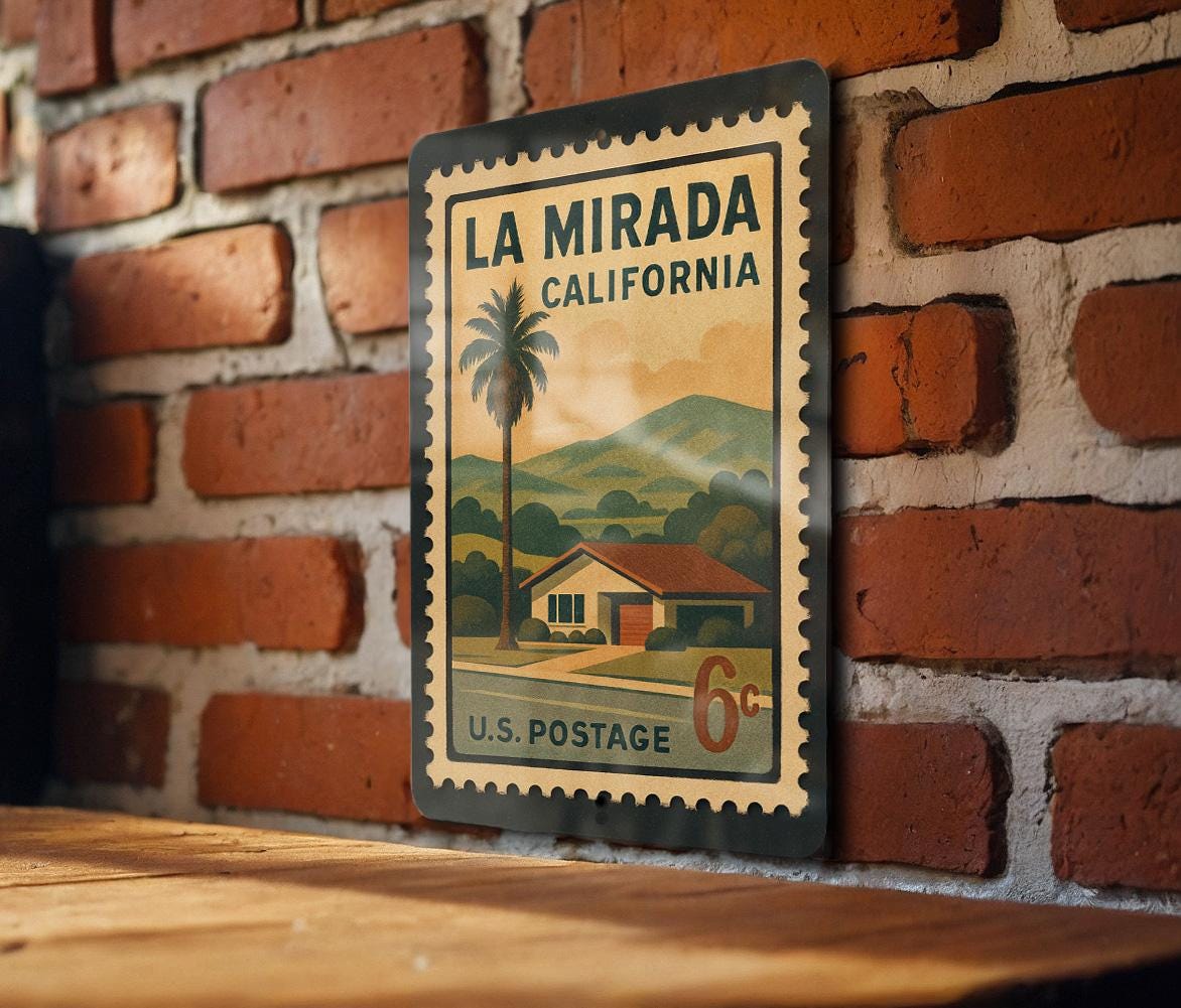 La Mirada California Metal Sign – Retro Postage Stamp Design Featuring City Name and Scenic Local Elements — photo 1