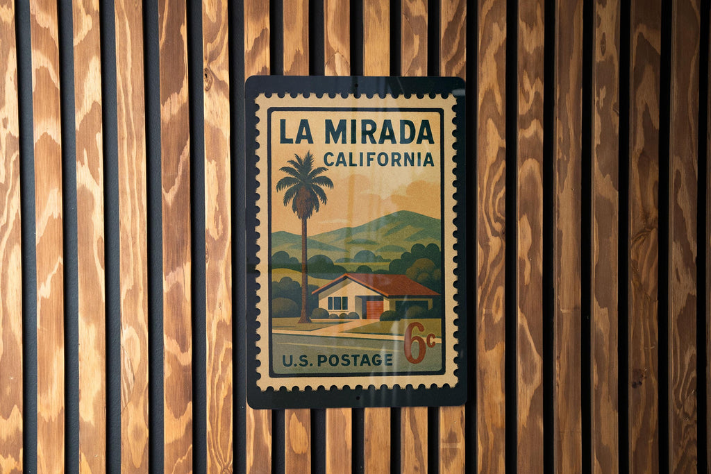 La Mirada California Metal Sign – Retro Postage Stamp Design Featuring City Name and Scenic Local Elements — photo 2