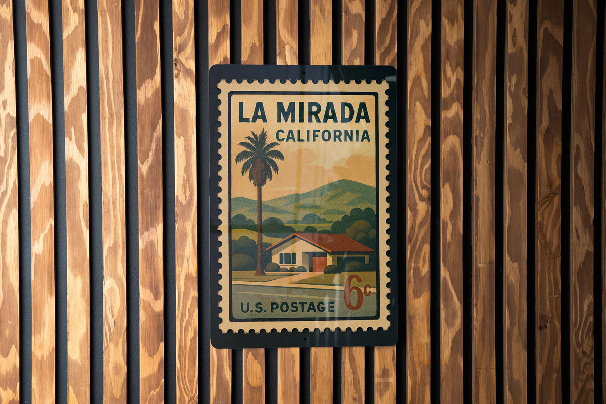 La Mirada California Metal Sign – Retro Postage Stamp Design Featuring City Name and Scenic Local Elements — photo 2