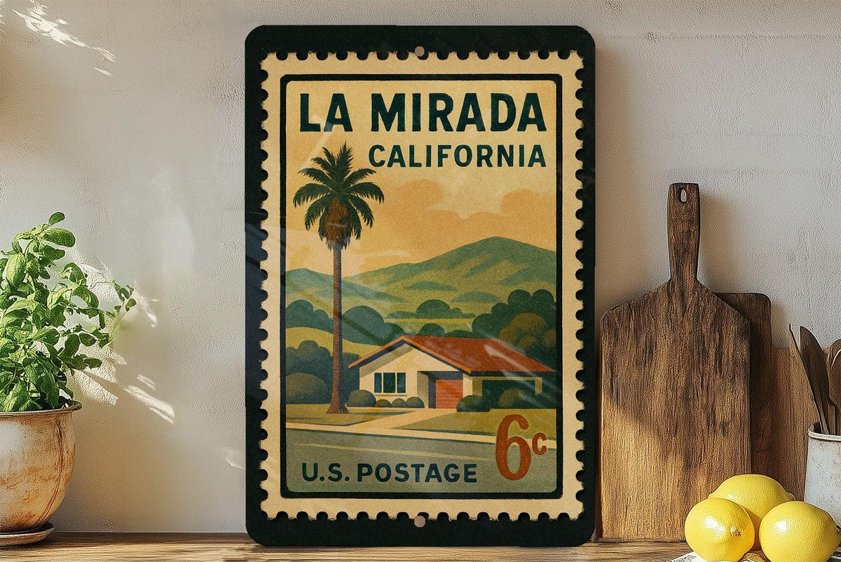La Mirada California Metal Sign – Retro Postage Stamp Design Featuring City Name and Scenic Local Elements — photo 3