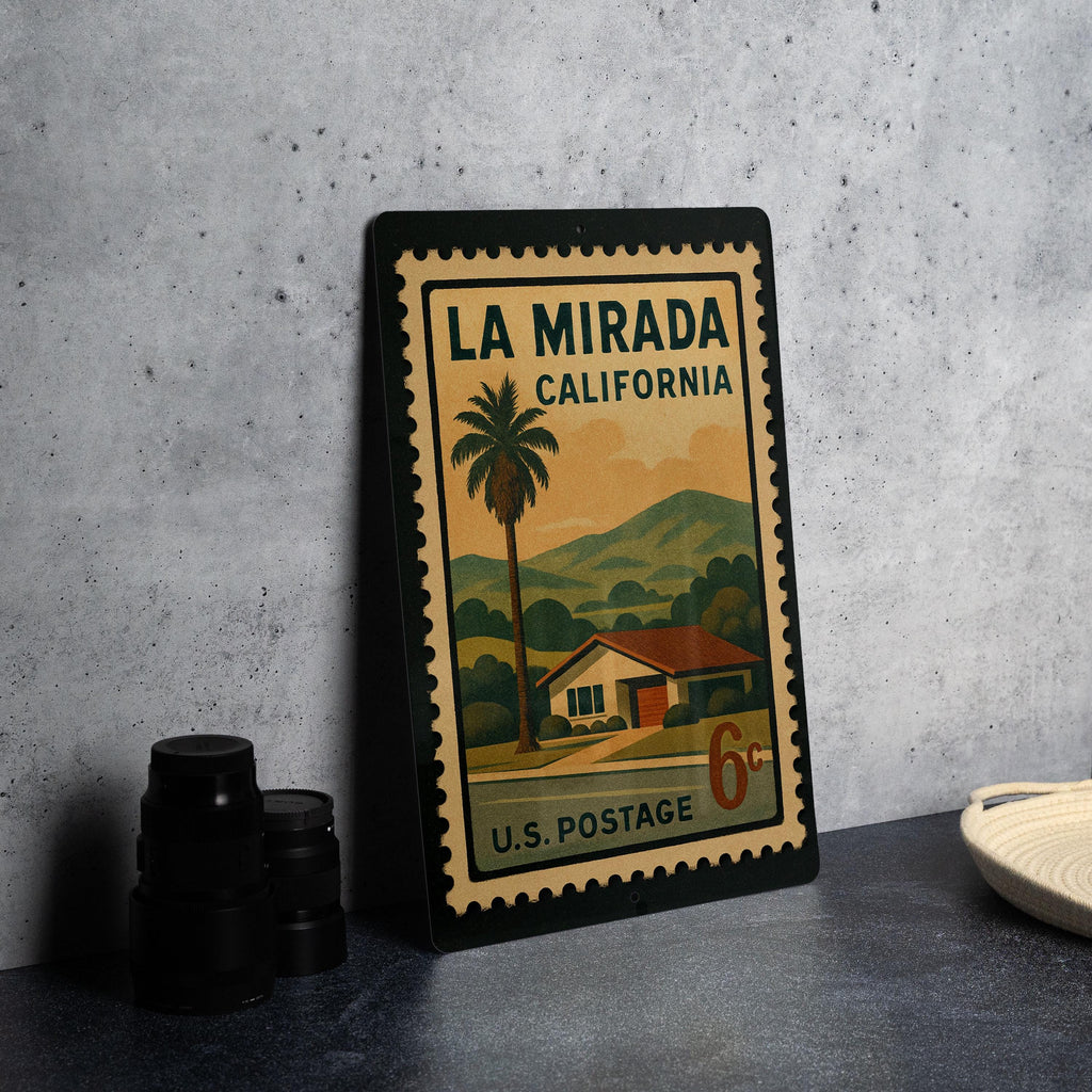 La Mirada California Metal Sign – Retro Postage Stamp Design Featuring City Name and Scenic Local Elements — photo 4