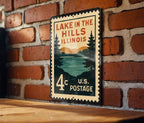 Lake in the Hills Illinois Metal Sign – Retro Postage Stamp Design Featuring Scenic Lake and Village Elements — photo 1