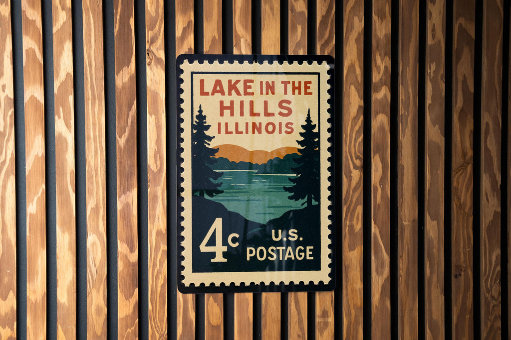 Lake in the Hills Illinois Metal Sign – Retro Postage Stamp Design Featuring Scenic Lake and Village Elements — photo 2