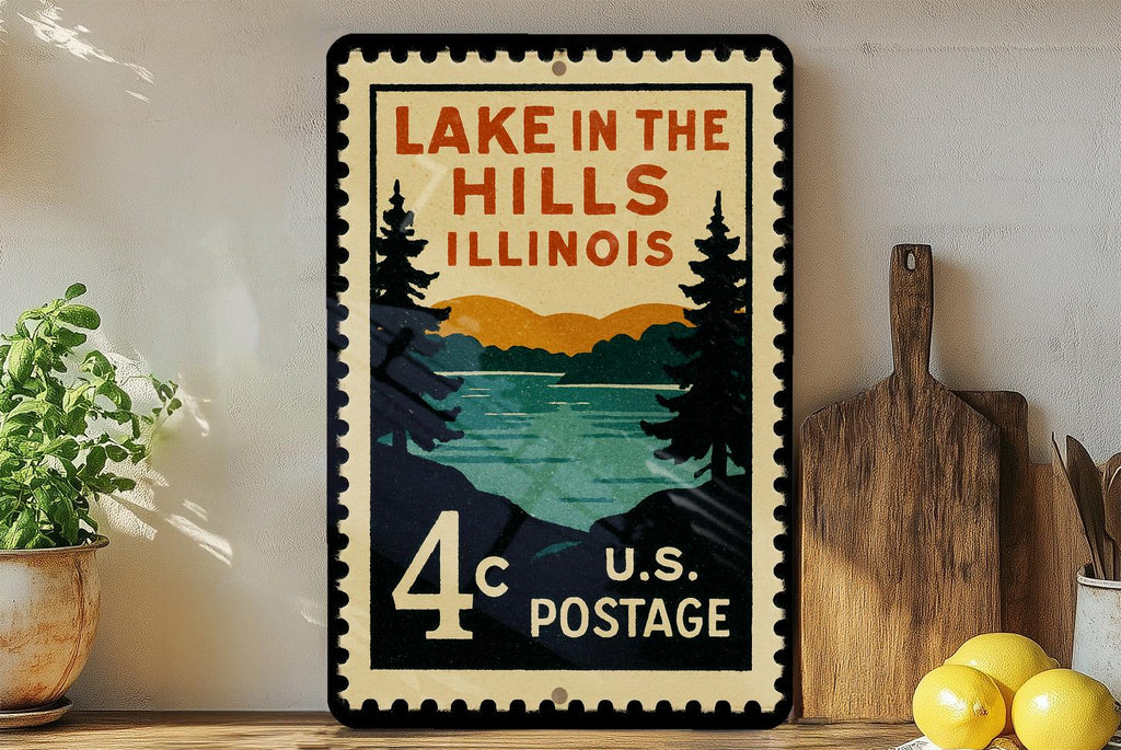 Lake in the Hills Illinois Metal Sign – Retro Postage Stamp Design Featuring Scenic Lake and Village Elements — photo 3