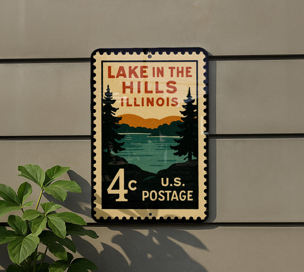 Lake in the Hills Illinois Metal Sign – Retro Postage Stamp Design Featuring Scenic Lake and Village Elements — photo 5