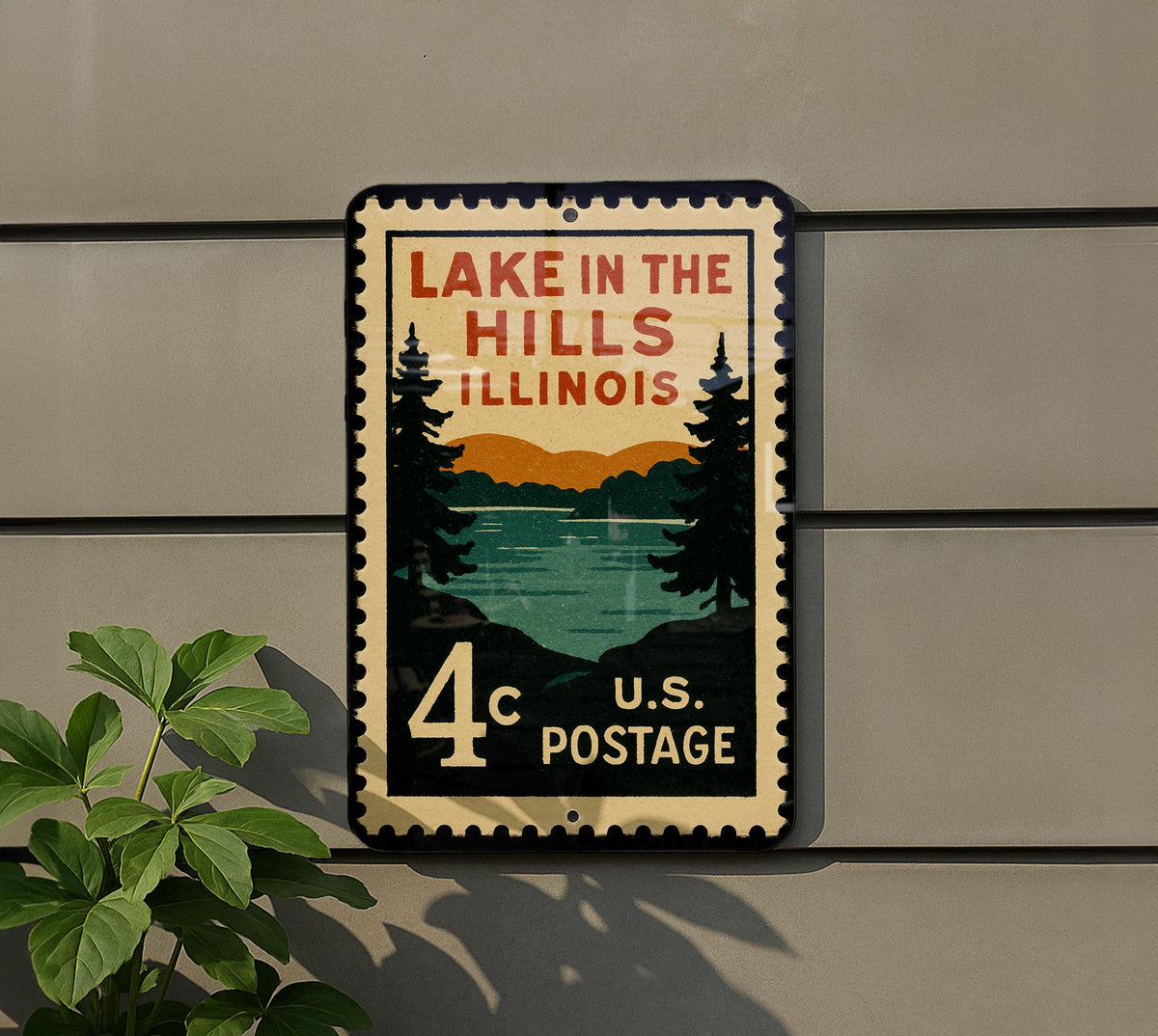 Lake in the Hills Illinois Metal Sign – Retro Postage Stamp Design Featuring Scenic Lake and Village Elements — photo 5