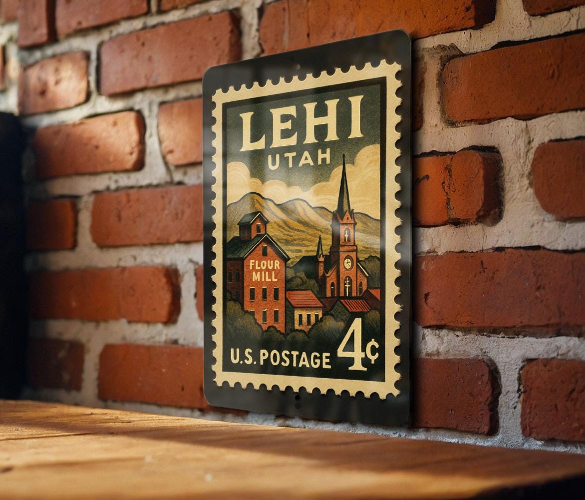 Lehi Utah Metal Sign Featuring Retro Postage Stamp Design with Mountain Scenery and Historic Downtown Elements — photo 1