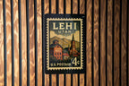 Lehi Utah Metal Sign Featuring Retro Postage Stamp Design with Mountain Scenery and Historic Downtown Elements — photo 2
