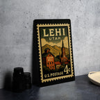 Lehi Utah Metal Sign Featuring Retro Postage Stamp Design with Mountain Scenery and Historic Downtown Elements — photo 4