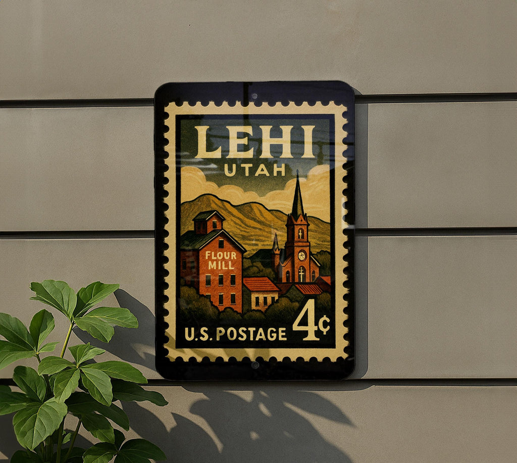 Lehi Utah Metal Sign Featuring Retro Postage Stamp Design with Mountain Scenery and Historic Downtown Elements — photo 5