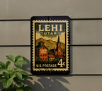 Lehi Utah Metal Sign Featuring Retro Postage Stamp Design with Mountain Scenery and Historic Downtown Elements — photo 5